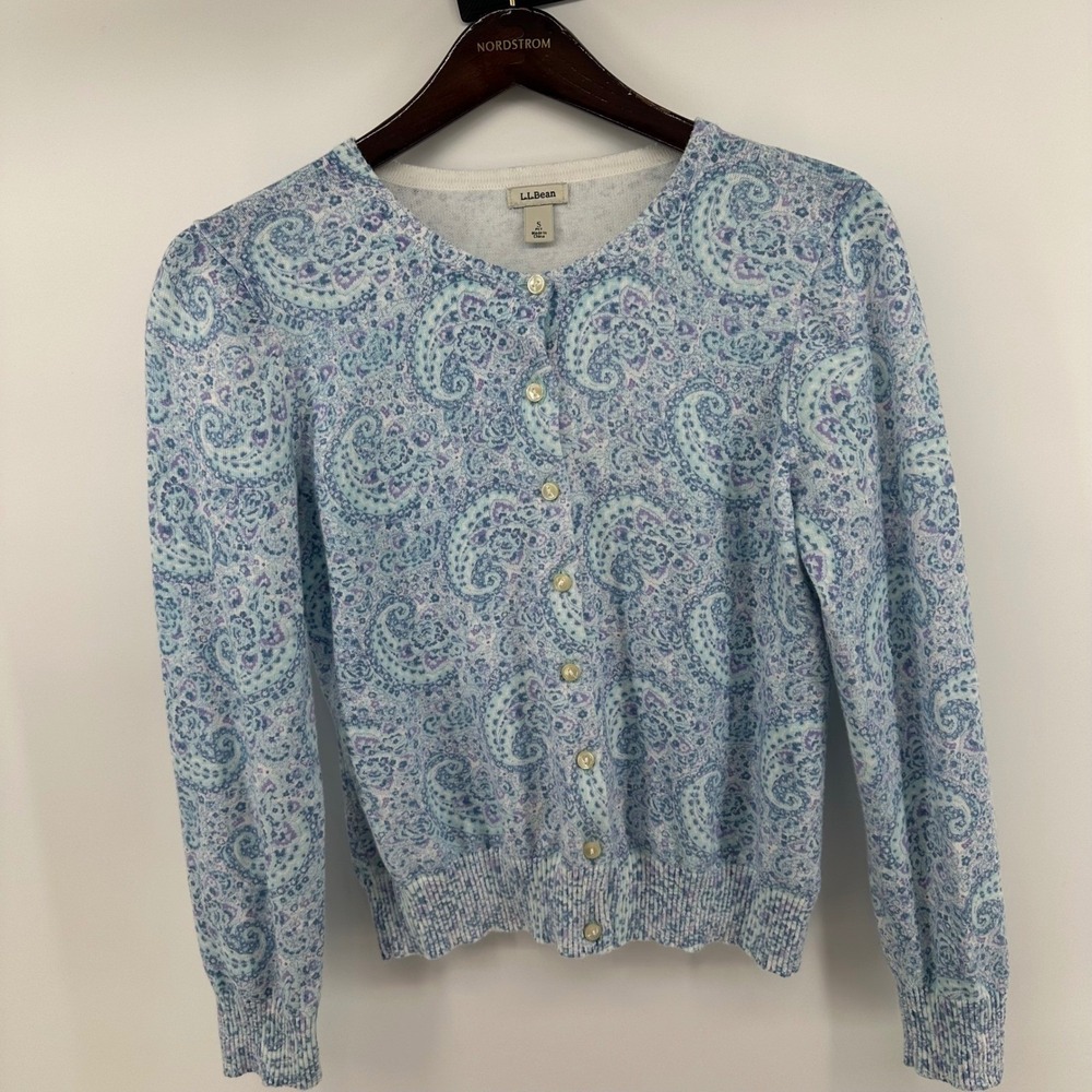 LL Bean Womens Blue Paisley Supima Cotton Cardigan Sweater Petite Small Preppy